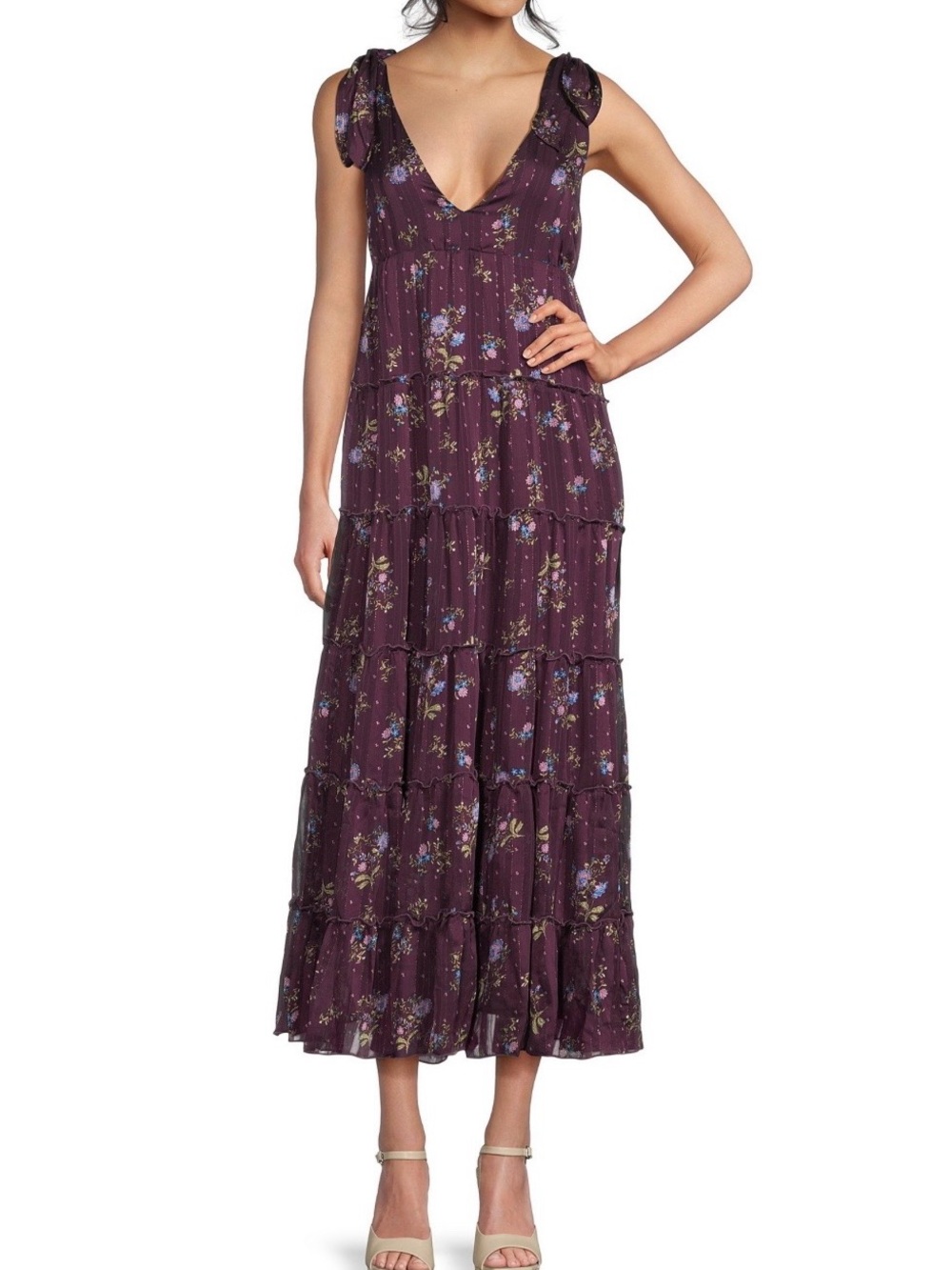 NWT Storia Floral Plum Tie Shoulder Plunge Neck Dress Size M